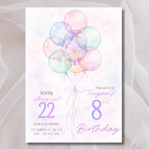 Peut inclure: Une invitation d'anniversaire à l'aquarelle avec des ballons aux couleurs pastel. L'invitation comprend le texte "Samedi 22 août" et "8e anniversaire de Teegan". Le texte supplémentaire inclut l'heure, l'adresse et les informations RSVP.