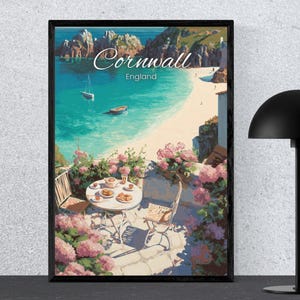 Plakat z podróży do Kornwalii | Przytulna Anglia | Prezent na wybrzeże Porthcurno | Wystrój wnętrz Wanderlust UK | Duża grafika ścienna | Prezent z galerii