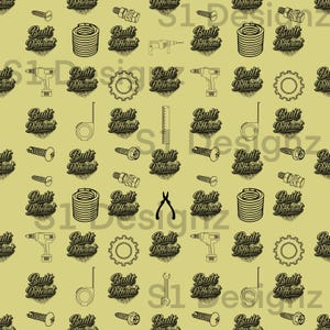 May include: A repeating pattern of tools and the phrase "Built Different" in a vintage style. The design includes screws, springs, drills, gears, tape measures, rulers, pliers, and wrenches on a light yellow background.