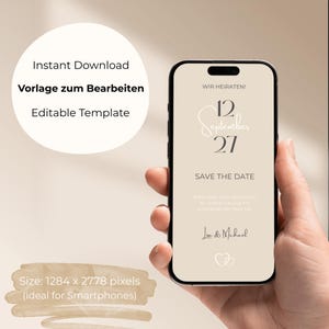 May include: A smartphone displays a wedding invitation with the text "Save the Date" and the date "September 27." The phone is held in a hand against a neutral background. The invitation is an editable template.
