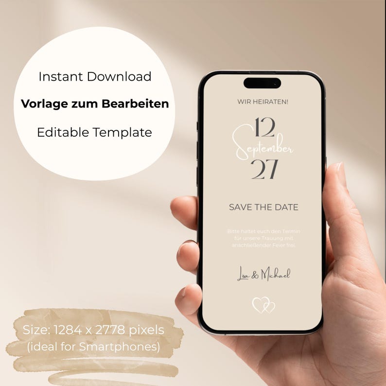 May include: A smartphone displays a wedding invitation with the text "Save the Date" and the date "September 27." The phone is held in a hand against a neutral background. The invitation is an editable template.