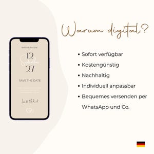 May include: A digital wedding invitation displayed on a smartphone screen. The invitation features the text "Wir Heiraten!" and "Save the Date," along with the date "12 September 27." Additional text lists benefits of digital invitations.