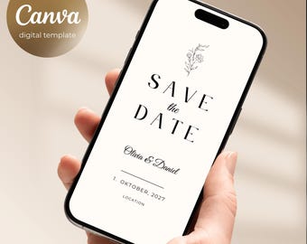 Modern Boho Save the Date Card, Minimalist Wedding Invitation, editable Canva template I instant download I electronic smartphoneinvitation