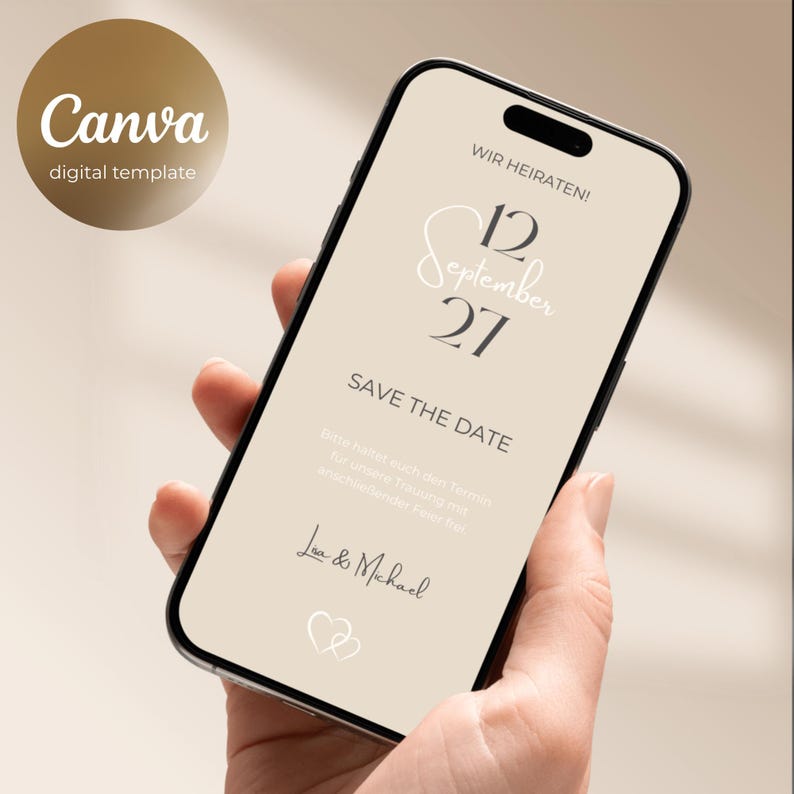 Modern Beige Wedding Save the Date editable Canva Template I instant download I electronic invitation via smartphone image 1