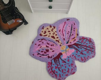 Alfombra orquídea rosa - Arte de pared y decoración de suelo con mechones hechos a mano con aguja de punzón