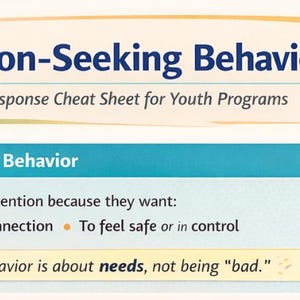 Puede incluir: Gráfico titulado "Comportamiento de búsqueda de atención" y subtitulado "Hoja de trucos de respuesta rápida para programas juveniles". Explica por qué los niños buscan atención, incluyendo reconocimiento, conexión y sentirse seguros. La idea clave es que el comportamiento se trata de necesidades.