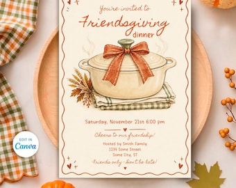 May include: A Friendsgiving dinner invitation card featuring a cream-colored Dutch oven with a large orange bow, resting on a plaid cloth. The text reads: You're invited to Friendsgiving dinner, Saturday, November 21st 6:00 pm, Cheers to our friendship!, Hosted by Smith Family, 1234 Some Street, Some City, ST, Friends only - Don't be late!