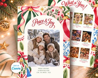 Christmas Photo Card Template, Whimsical Family Holiday Card, What a Year, Year in Review, Peace and Joy, Editable Canva 5x7