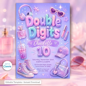 May include: A digital birthday invitation template featuring the text Double Digits and Charlotte 10. The purple background includes illustrations of headphones, heart-shaped sunglasses, perfume, a drink, sneakers, a cap, and a handbag.