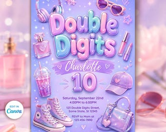 May include: A digital birthday invitation template featuring the text Double Digits and Charlotte 10. The purple background includes illustrations of headphones, heart-shaped sunglasses, perfume, a drink, sneakers, a cap, and a handbag.