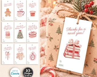 May include: A set of ten rectangular white gift tags featuring red and pink holiday-themed illustrations and text. Designs include a gingerbread man, a mug, a candle, macarons, a tree, a gift box, a candy cane, cookies, an ornament, and books.