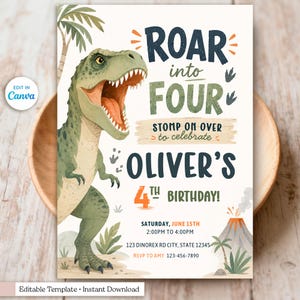 May include: A birthday invitation card featuring a green T-Rex dinosaur and palm trees. The text reads: ROAR into FOUR, STOMP ON OVER to celebrate OLIVER'S 4TH BIRTHDAY, SATURDAY, JUNE 15TH, 2:00PM TO 4:00PM, 123 DINOREX RD CITY, STATE 12345, RSVP TO AMY 123-456-7890.