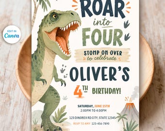 May include: A birthday invitation card featuring a green T-Rex dinosaur and palm trees. The text reads: ROAR into FOUR, STOMP ON OVER to celebrate OLIVER'S 4TH BIRTHDAY, SATURDAY, JUNE 15TH, 2:00PM TO 4:00PM, 123 DINOREX RD CITY, STATE 12345, RSVP TO AMY 123-456-7890.