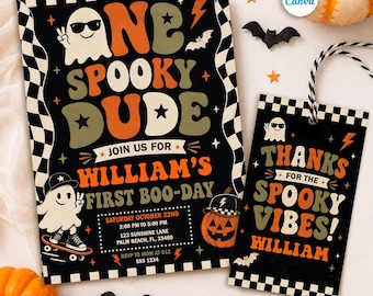 One Spooky Dude 1st Birthday Invitation, Boy Halloween Birthday, Skateboard Ghost Orange Black Checkered Invite, Editable Canva Template