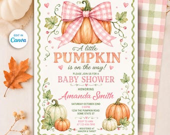 May include: A rectangular baby shower invitation card featuring a watercolor illustration of orange and green pumpkins with a pink gingham bow. The text reads A little PUMPKIN is on the way! PLEASE JOIN US FOR A BABY SHOWER HONORING Amanda Smith.