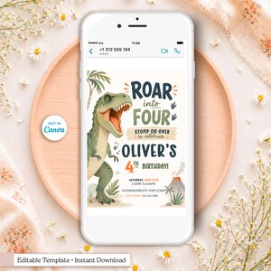 Editable dinosaur birthday invitation template featuring a friendly watercolor T-Rex roaring beside bold typography that reads “Roar Into Four.” This printable 5x7 party invite includes jungle palm trees, dinosaur footprints, tropical plants, an erupting volcano, and earthy green, navy, and orange colors. Personalized with the child's name, age, party date, time, location, and RSVP details. Instant download, editable in Canva, perfect for a dinosaur-themed fourth birthday celebration.