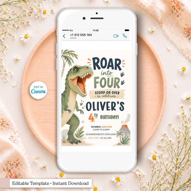 Editable dinosaur birthday invitation template featuring a friendly watercolor T-Rex roaring beside bold typography that reads “Roar Into Four.” This printable 5x7 party invite includes jungle palm trees, dinosaur footprints, tropical plants, an erupting volcano, and earthy green, navy, and orange colors. Personalized with the child's name, age, party date, time, location, and RSVP details. Instant download, editable in Canva, perfect for a dinosaur-themed fourth birthday celebration.