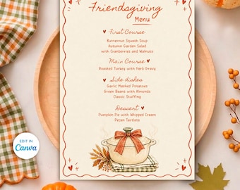May include: A cream-colored Friendsgiving menu card with a scalloped red border, featuring text listing courses from soup to dessert. An illustration of a lidded pot with a red bow sits at the bottom. The text includes Friendsgiving Menu, First Course, Main Course, Side dishes, and Dessert.