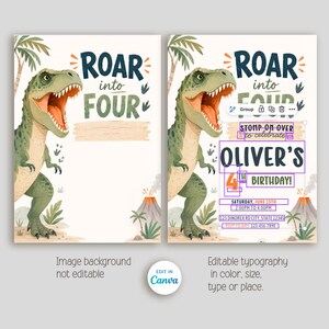 Editable dinosaur birthday invitation template featuring a friendly watercolor T-Rex roaring beside bold typography that reads “Roar Into Four.” This printable 5x7 party invite includes jungle palm trees, dinosaur footprints, tropical plants, an erupting volcano, and earthy green, navy, and orange colors. Personalized with the child's name, age, party date, time, location, and RSVP details. Instant download, editable in Canva, perfect for a dinosaur-themed fourth birthday celebration.