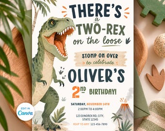 May include: A birthday invitation card featuring a green T-Rex dinosaur, palm trees, and a volcano. The text reads: THERE'S A TWO-REX on the loose, STOMP ON OVER to celebrate OLIVER'S 2ND BIRTHDAY, SATURDAY, NOVEMBER 14TH, 2:00PM TO 4:00PM.