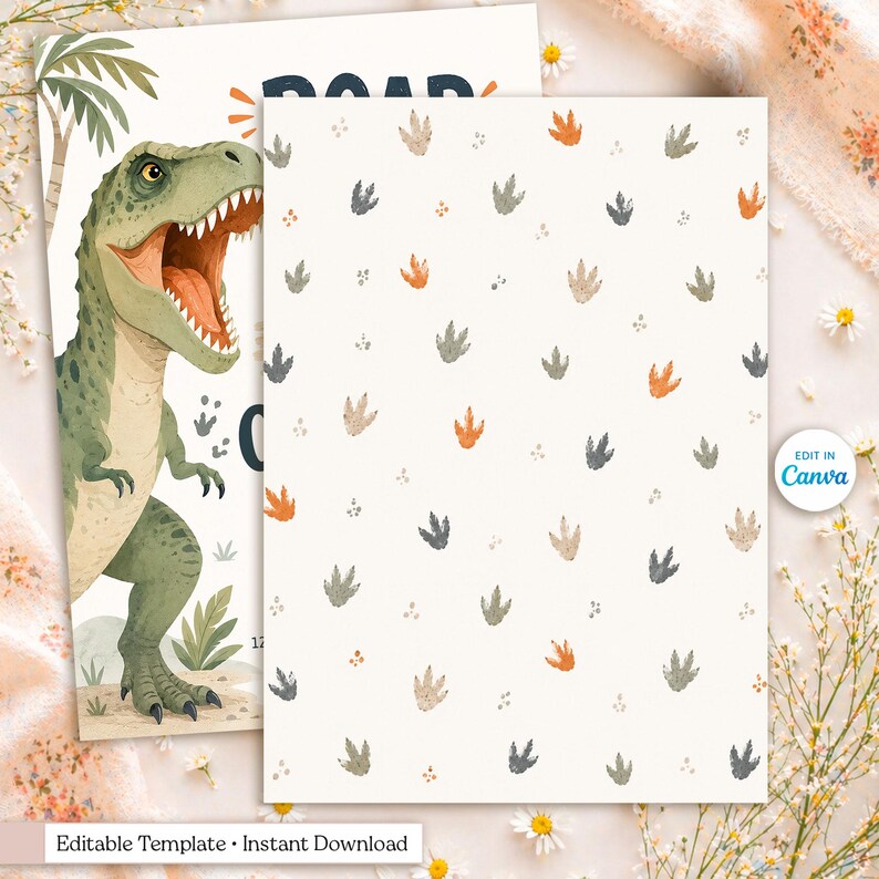 Editable dinosaur birthday invitation template featuring a friendly watercolor T-Rex roaring beside bold typography that reads “Roar Into Four.” This printable 5x7 party invite includes jungle palm trees, dinosaur footprints, tropical plants, an erupting volcano, and earthy green, navy, and orange colors. Personalized with the child's name, age, party date, time, location, and RSVP details. Instant download, editable in Canva, perfect for a dinosaur-themed fourth birthday celebration.