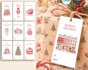 Christmas Gift Tags, Vintage Watercolor Holiday Tag Set, Printable Editable Canva, 10 Tags