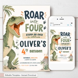 Editable dinosaur birthday invitation template featuring a friendly watercolor T-Rex roaring beside bold typography that reads “Roar Into Four.” This printable 5x7 party invite includes jungle palm trees, dinosaur footprints, tropical plants, an erupting volcano, and earthy green, navy, and orange colors. Personalized with the child's name, age, party date, time, location, and RSVP details. Instant download, editable in Canva, perfect for a dinosaur-themed fourth birthday celebration.