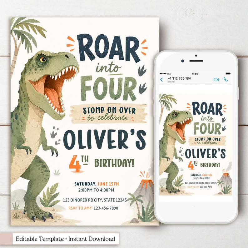Editable dinosaur birthday invitation template featuring a friendly watercolor T-Rex roaring beside bold typography that reads “Roar Into Four.” This printable 5x7 party invite includes jungle palm trees, dinosaur footprints, tropical plants, an erupting volcano, and earthy green, navy, and orange colors. Personalized with the child's name, age, party date, time, location, and RSVP details. Instant download, editable in Canva, perfect for a dinosaur-themed fourth birthday celebration.