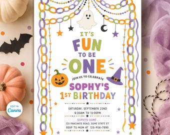 Fun to Be One Invite, Paper Chain Halloween First Birthday, Editable Canva Template