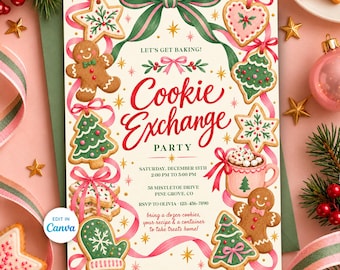 Cookie Exchange Invitation, Christmas Cookie Swap Party Invite, Recipe Card, Whimsical Holiday Baking Party, Editable Canva Template