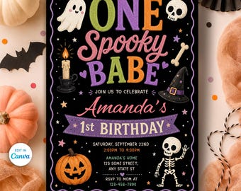May include: A black rectangular birthday invitation card featuring the text ONE SPOOKY BABE, Amanda's 1st Birthday, and event details. The design includes a white ghost, a skull, a lit candle, a witch hat, a pumpkin, and a skeleton on a black background.