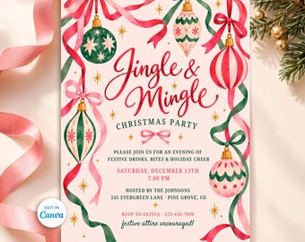 Christmas Party Invitation, Jingle and Mingle Holiday Party Invite, Pink Christmas Ornaments, Whimsical Christmas, Editable Canva Template