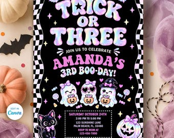 May include: A black Halloween party invitation template featuring a checkered border, iridescent text reading TRICK OR THREE, and pink text for AMANDA'S 3RD BOO-DAY. The design includes three cute ghosts, a black cat, and a pumpkin with a bow.