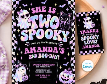 May include: A black birthday invitation and matching tag featuring a holographic checkerboard border, iridescent ghost and pumpkin illustrations, a black cat, and pink text reading She Is Two Spooky, Amanda's 2nd Boo-Day, and Thanks For The Spooky Love.