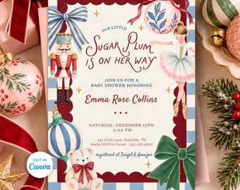 May include: A baby shower invitation card featuring a nutcracker, a ballerina, a teddy bear, and Christmas ornaments. The text reads: Our little Sugar Plum is on her way, join us for a baby shower honoring Emma Rose Collins, December 13th.