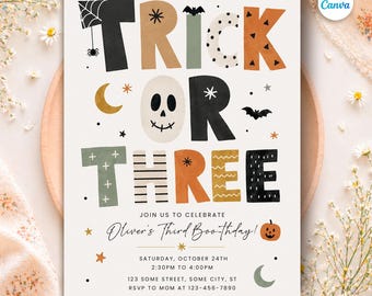 May include: A rectangular Halloween party invitation template featuring the text TRICK OR THREE in large, multi-colored, patterned letters. The design includes a skull, moon, stars, bats, and a pumpkin, with space for event details like Oliver's Third Boo-thday, date, time, and address.