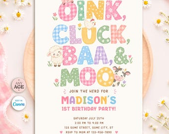 May include: A birthday party invitation card featuring colorful, patterned letters spelling OINK, CLUCK, BAA, & MOO, accompanied by illustrations of a pig, chicken, sheep, and cow. The text includes Madison's 1st Birthday Party, date, time, and location details.