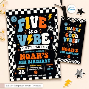 May include: A rectangular birthday invitation and a matching tag featuring a black background with white checkered borders. The text reads Five is a Vibe, Let's Party, Noah's 5th Birthday, with event details including date, time, location, and RSVP phone number.