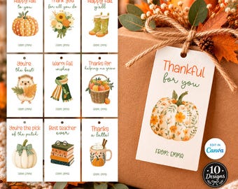 May include: A set of ten rectangular gift tags featuring autumn-themed illustrations including pumpkins, a hedgehog, a basket of apples, books, and a coffee mug. Each tag displays seasonal text and the printed name FROM: EMMA in a clear font.