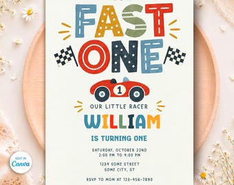 Fast One Birthday Invitation, Race Car 1st Birthday Invitation Boy, Vintage Racing Party, Editable Canva Template