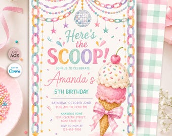 May include: A rectangular birthday invitation card featuring a watercolor illustration of a double-scoop ice cream cone with a cherry on top, a disco ball, and pastel paper chain borders. The text reads Here's the SCOOP! Amanda's 5TH BIRTHDAY.
