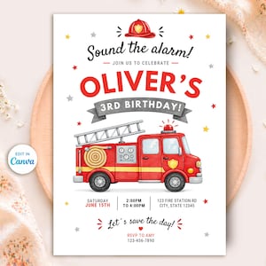 May include: A birthday invitation card featuring a red fire truck illustration, a firefighter helmet icon, and the text Sound the alarm! Join us to celebrate Oliver's 3rd Birthday! Saturday June 15th, 2:00PM to 4:00PM, 123 Fire Station Rd, City, State 12345, Let's save the day! RSVP to Amy 123-456-7890.