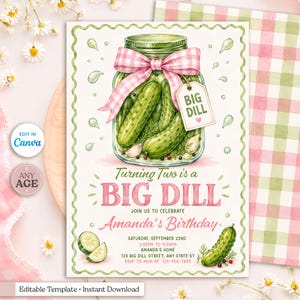 May include: A rectangular birthday invitation card featuring a watercolor illustration of a glass jar filled with green pickles, tied with a pink gingham bow and a tag labeled BIG DILL. The text reads Turning Two is a BIG DILL, Amanda's Birthday.