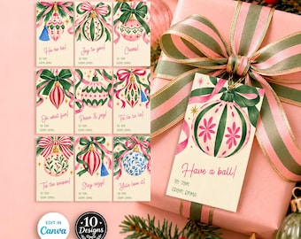 May include: A set of ten rectangular gift tags featuring watercolor illustrations of Christmas ornaments with bows and festive text including Ho ho ho, Joy to you, Cheers, Oh what fun, Peace & joy, Fa la la la, Tis the season, Stay cozy, Yule love it, and Have a ball.