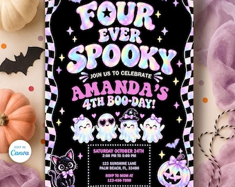 May include: A rectangular invitation card with a black background and a holographic checkerboard border. The text reads FOUR EVER SPOOKY, JOIN US TO CELEBRATE AMANDA'S 4TH BOO-DAY, with event details, four holographic ghosts, a black cat, and a pumpkin.