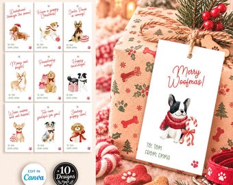 Dog Christmas Gift Tags, Dachshund Corgi Doodle Golden Retriever, Editable Canva Holiday Tags, Gift From the Dog, 10 Designs