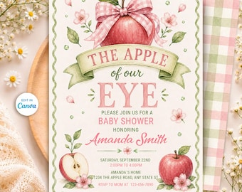May include: A rectangular baby shower invitation card featuring a red apple with a pink gingham bow, green leaves, and pink blossoms. The text reads THE APPLE of our EYE, PLEASE JOIN US FOR A BABY SHOWER HONORING Amanda Smith, with event details.