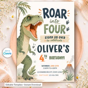 Editable dinosaur birthday invitation template featuring a friendly watercolor T-Rex roaring beside bold typography that reads “Roar Into Four.” This printable 5x7 party invite includes jungle palm trees, dinosaur footprints, tropical plants, an erupting volcano, and earthy green, navy, and orange colors. Personalized with the child's name, age, party date, time, location, and RSVP details. Instant download, editable in Canva, perfect for a dinosaur-themed fourth birthday celebration.