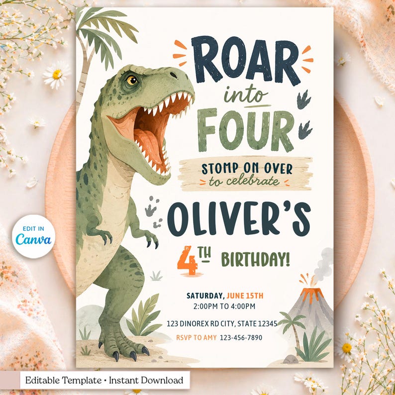 Editable dinosaur birthday invitation template featuring a friendly watercolor T-Rex roaring beside bold typography that reads “Roar Into Four.” This printable 5x7 party invite includes jungle palm trees, dinosaur footprints, tropical plants, an erupting volcano, and earthy green, navy, and orange colors. Personalized with the child's name, age, party date, time, location, and RSVP details. Instant download, editable in Canva, perfect for a dinosaur-themed fourth birthday celebration.