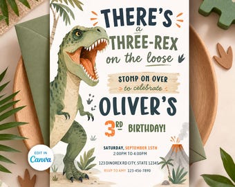 May include: A birthday invitation card featuring a green T-Rex dinosaur and palm trees. The text reads: THERE'S a THREE-REX on the loose, STOMP ON OVER to celebrate OLIVER'S 3RD BIRTHDAY, SATURDAY, SEPTEMBER 15TH, 2:00PM TO 4:00PM, 123 DINOREX RD CITY, STATE 12345, RSVP TO AMY 123-456-7890.